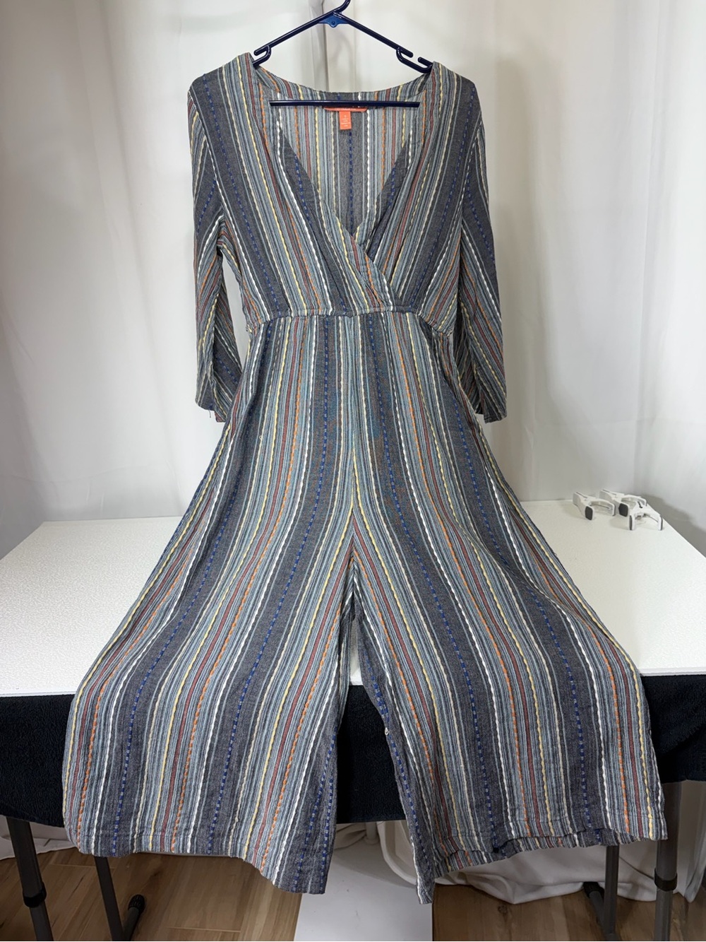 Chelsea & Violet Striped V-Neck Wide-Leg Jumpsuit in Blue Multi 3915